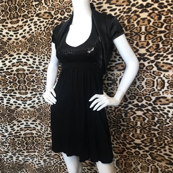 Plunging Neckline Black Sequin H & M Dress w/ Satin Le Chateau Bolero Jacket - Picture 3 of 15
